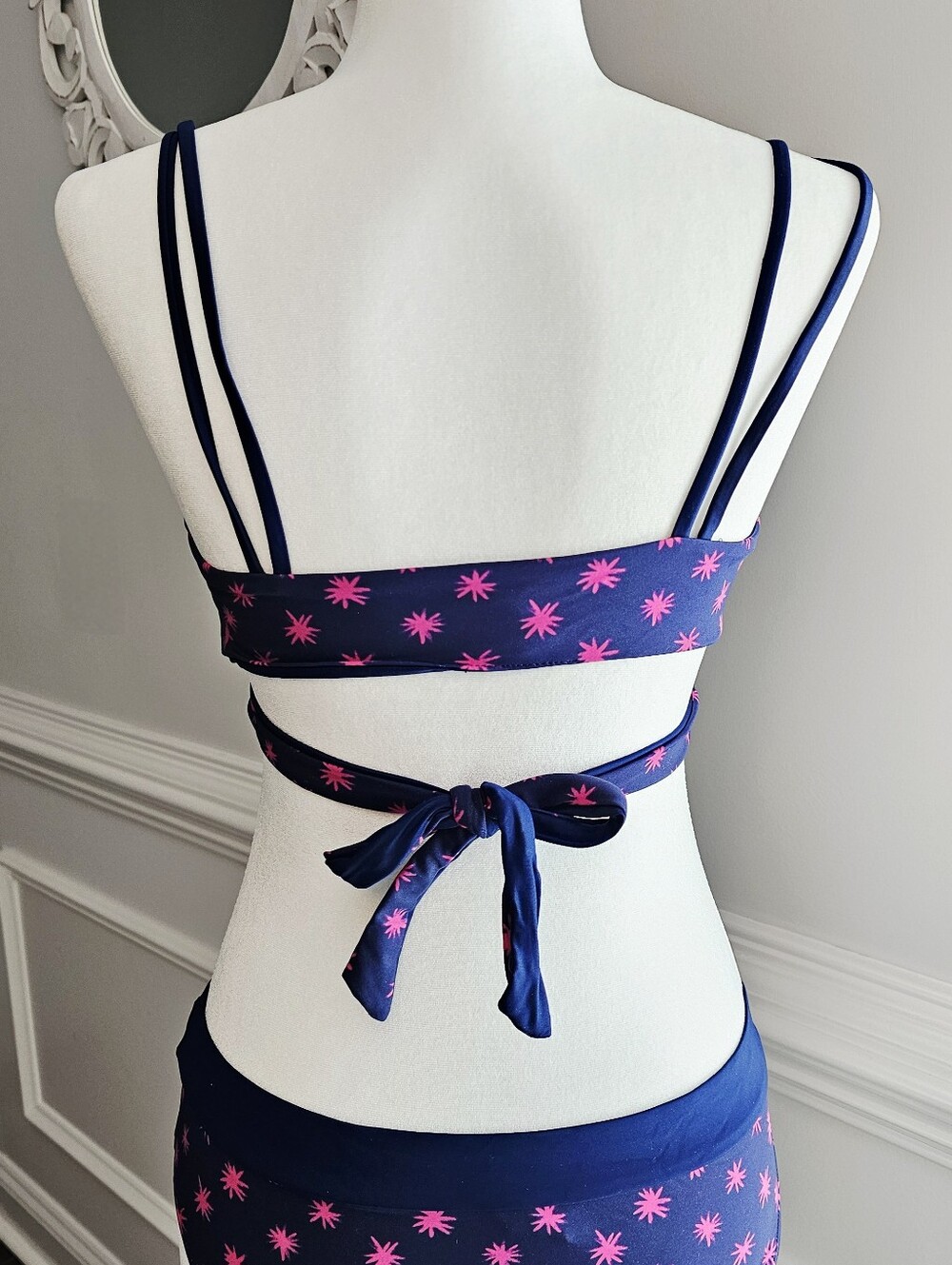 Lands End Reversible Women's Navy Swim WrapBikini Set with Pink Starburst Print - Picture 3 of 9